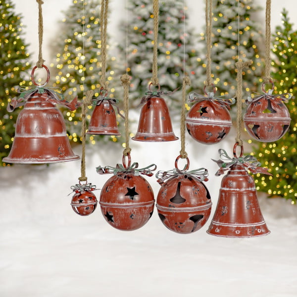 Set of 9 oversized hanging on a rope bells in assorted styles in antique red distressed finish