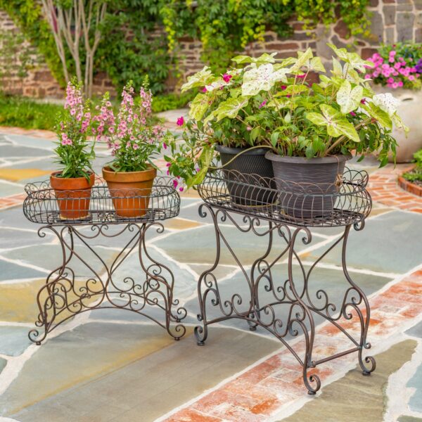 San Marino Set of 2 Oval Mosaic Plant Stands – Antique White "Turin," Antique Bronze "Dolomites" & Mossy Blue "Sardinia"