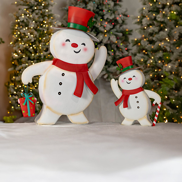 Set of 2 Friendly Metal Snowmen Figurines Icy and Icesis