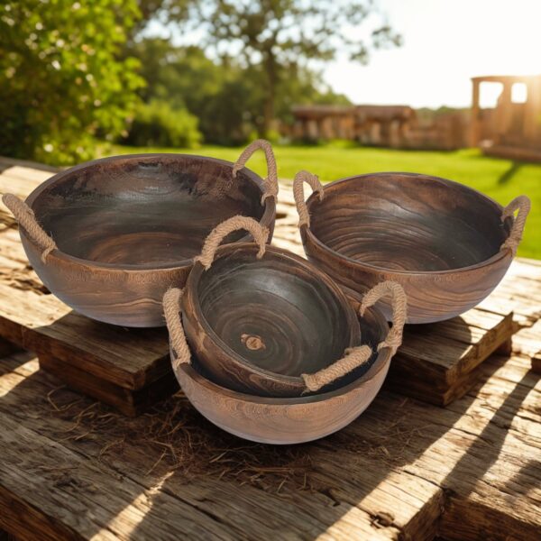 image with round wooden nesting bowls with a rustic background