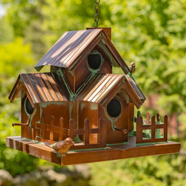 Set of 6 Hanging Antique Copper Metal Birdhouses "Home Tweet Home"