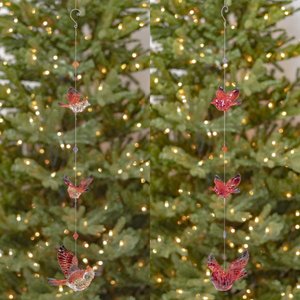 1 set of two long three piece acrylic cardinal hanging Chain ornament with one in all red and the other in a redish orange and clear color