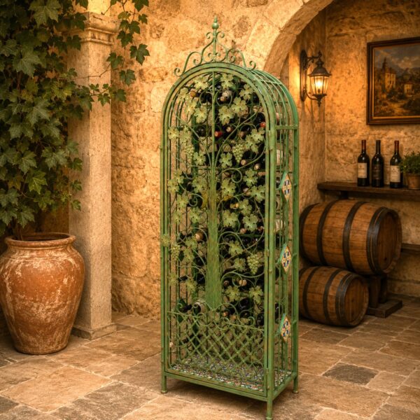 77.5" Tall Catalonia 97-Bottle Iron Wine Rack Cabinet – Antique Bronze "Basilica & Tarragona" & Green-Brown "Antigone & Trento"