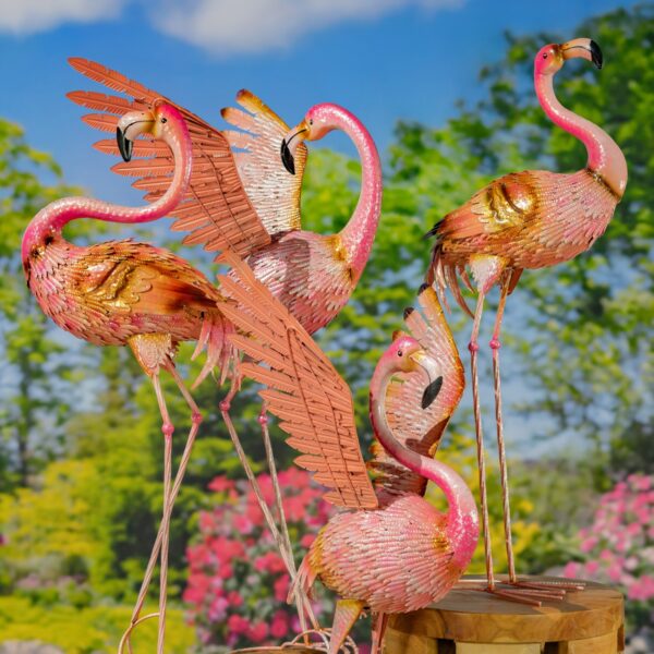 Set of 4 Assorted Elegant Metal Flamingo Garden Figurines "Biscayne Bay"