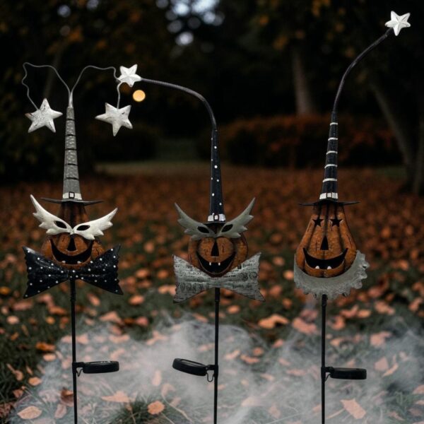 Set of 3 Solar Jack-O'-Lantern Halloween Garden Stakes "Mortimer, Bram & Hattie"