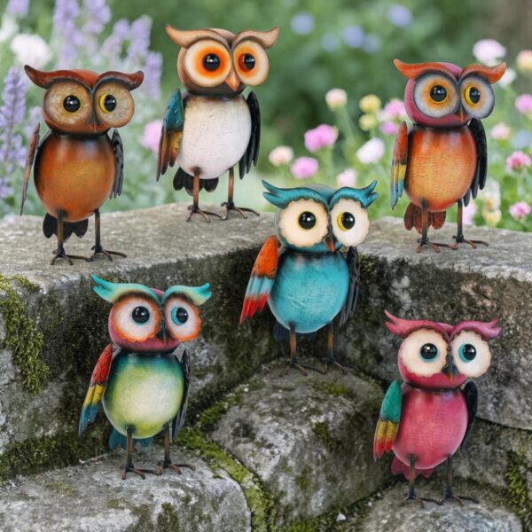 Set of 6 Assorted Vibrant Metal Owl Figurines "Perky Parliament"