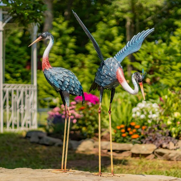 pair of 2 large blue cranes, one with open wings looking down, the other one with wings down standing
