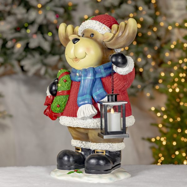 24.2" Tall Polyresin LightUp Moose Christmas Decoration w/Lantern & Wreath "Mac"