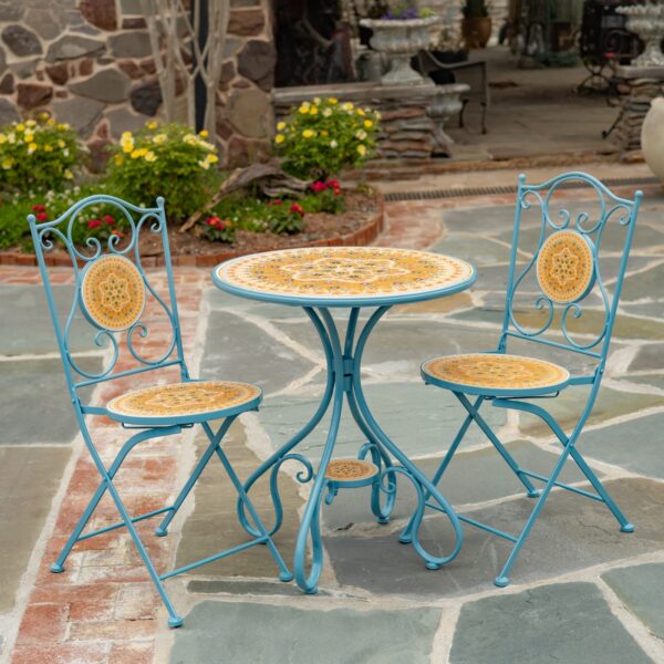 "Atrani" Three Piece Round Mosaic Bistro Set - Blue/Yellow