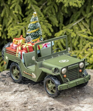 Metal Military Style Jeep - Filled with Christmas Gifts and and a Christmas Tree in the back