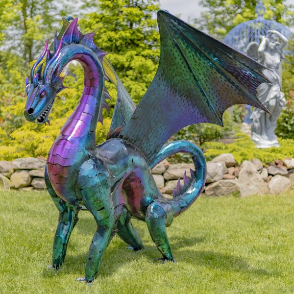 6ft. Tall Large Metal Dragon Statue with Oil-Slick Finish "Fiery Falkor"