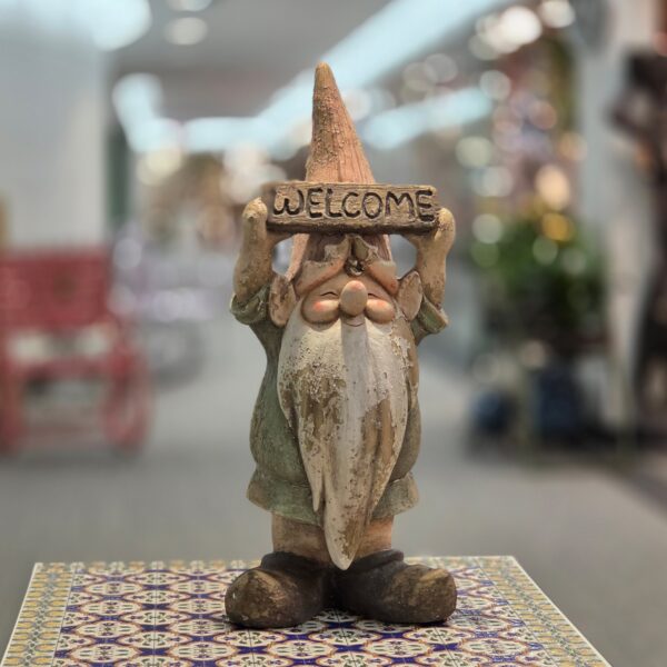 16" Tall Vintage-Style Garden Gnome Holding Welcome Sign "Jinjin"