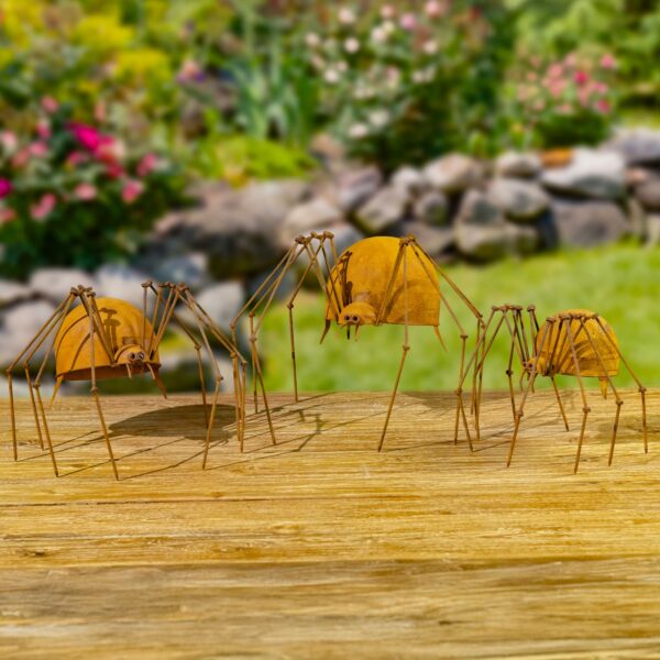 Set of 3 Assorted Metal Arachnid Garden Figurines "Whisper, Webster, & Weaver"