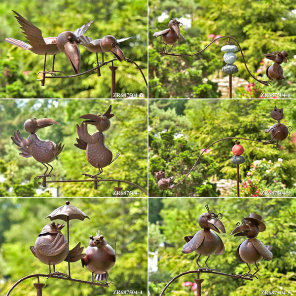 set of six assorted rust colored balance garden stakes with animals