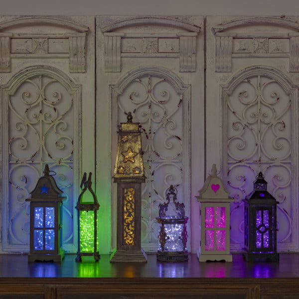 16.4 Feet long 100 bulbs LED lights in blue, green, soft white, cold white, pink and purple inside of 6 assorted tabletop lanterns