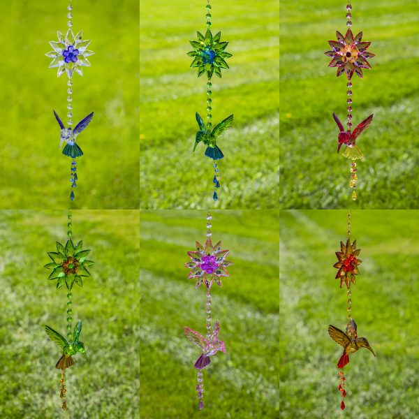 collage of 6 hanging acrylic hummingbirds with sunflowers chain ornament in 6 colors