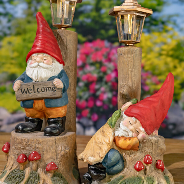 Set/2 Asst. Sleepy Woodland Gnomes w/Solar Lanterns "Gnorman & Gnolan"