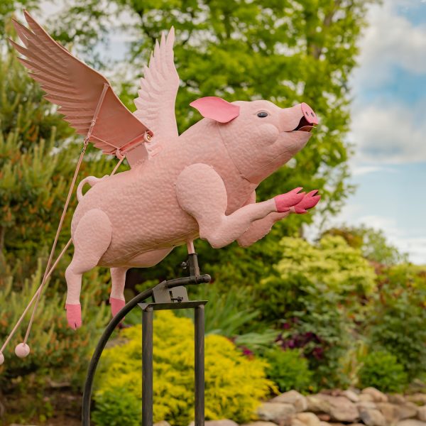 6.5ft. Tall Hand Painted Flying Pink Potbelly Pig Iron Rocking Stake "Pigasus"