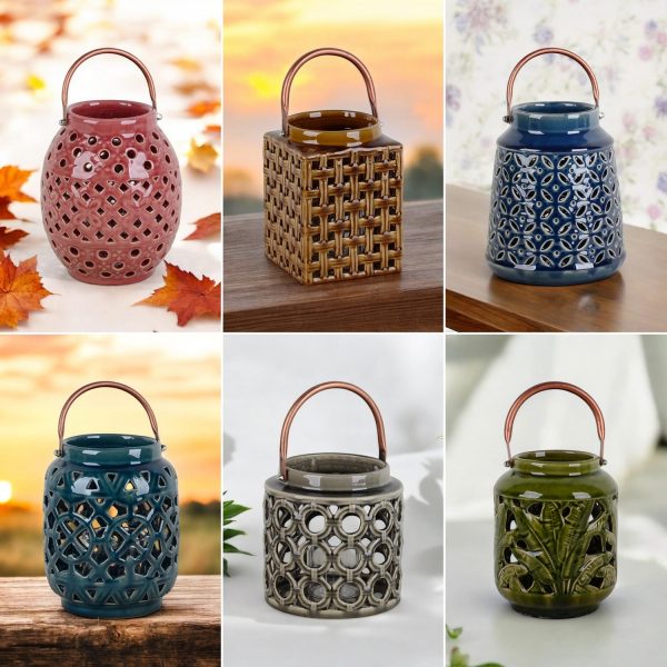 collage image displaying six assorted seven inch ceramic candle holders in various distressed, hand painted glossy finishes