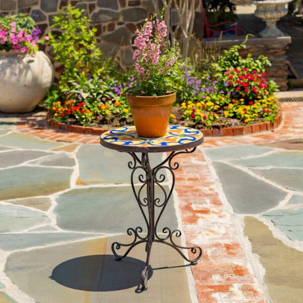 27.5" Tall Montpellier Mosaic Plant Stand Table – Antique White "Écusson" & Antique Bronze "Antigone"