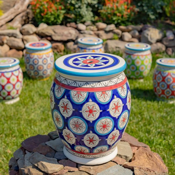 17.75 Tall Ceramic Stoneware Stool in Navy, Ivory and Red Cadence
