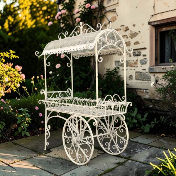 "Tusheti" 6.5 Foot Tall Large Iron Flower Cart with Roof - Antique White