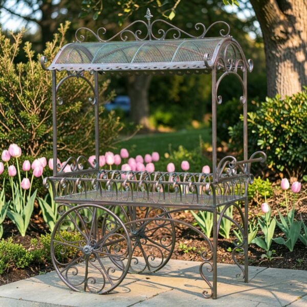 "Tusheti" 6.5 Foot Tall Large Iron Flower Cart with Roof - Antique Bronze