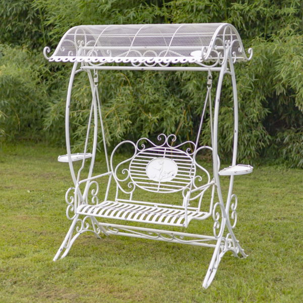 "The Valiko" 79in. Tall Electroplated Garden Swing Bench - Antique White