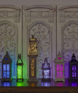 16.4 Feet long 100 bulbs LED lights in blue, green, soft white, cold white, pink and purple inside of 6 assorted tabletop lanterns