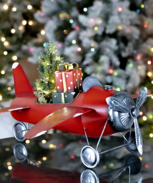 30 inches tall iron red airplane with lighted Christmas tree and gifts decor