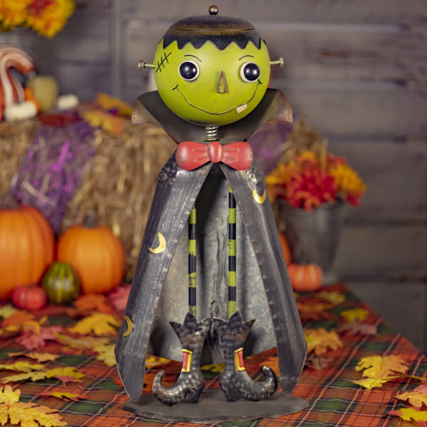 27 Inch tall iron bobble head Frankenstein figurine candy jar in black coat, boots and red bowtie