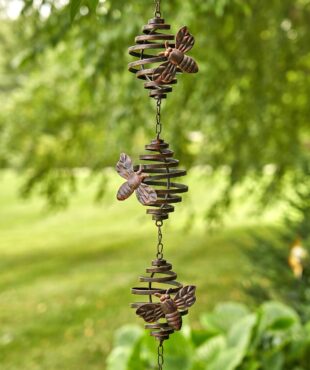 close up 3 sections of 79 Long Antique Bronze Hanging Honeybee Rain Chain
