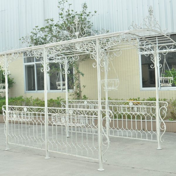 13.25ft. Long Iron Gazebo with Planters in Antique White “Georgia 2019”