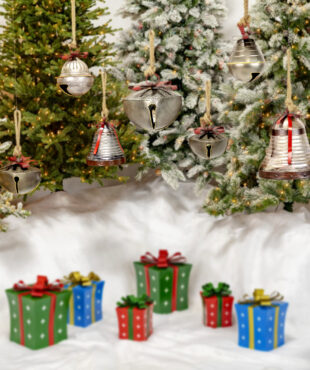 Six Metal Bells with Tied Bows that Jingle- Seen with Presents for Display
