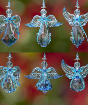 collage of large blue acrylic angels in 6 assorted styles hanging ornaments