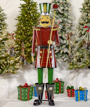 Full View of of Iron Nutcracker Holding Baton- In a Red Suit
