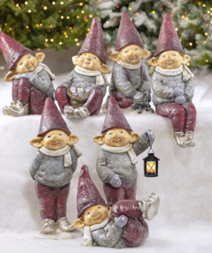 Group of Seven Elves Holding Lanterns, Christmas Trees or surrounded by Gifts
