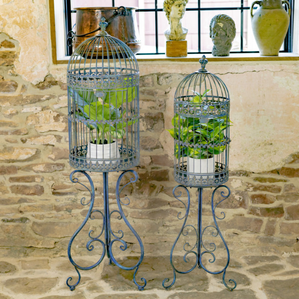 Two Antique Blue Metal Plant Stand in a Victorian style with folding stands and curlicue structure WITH PLANTS INSIDE ( Plants not included )