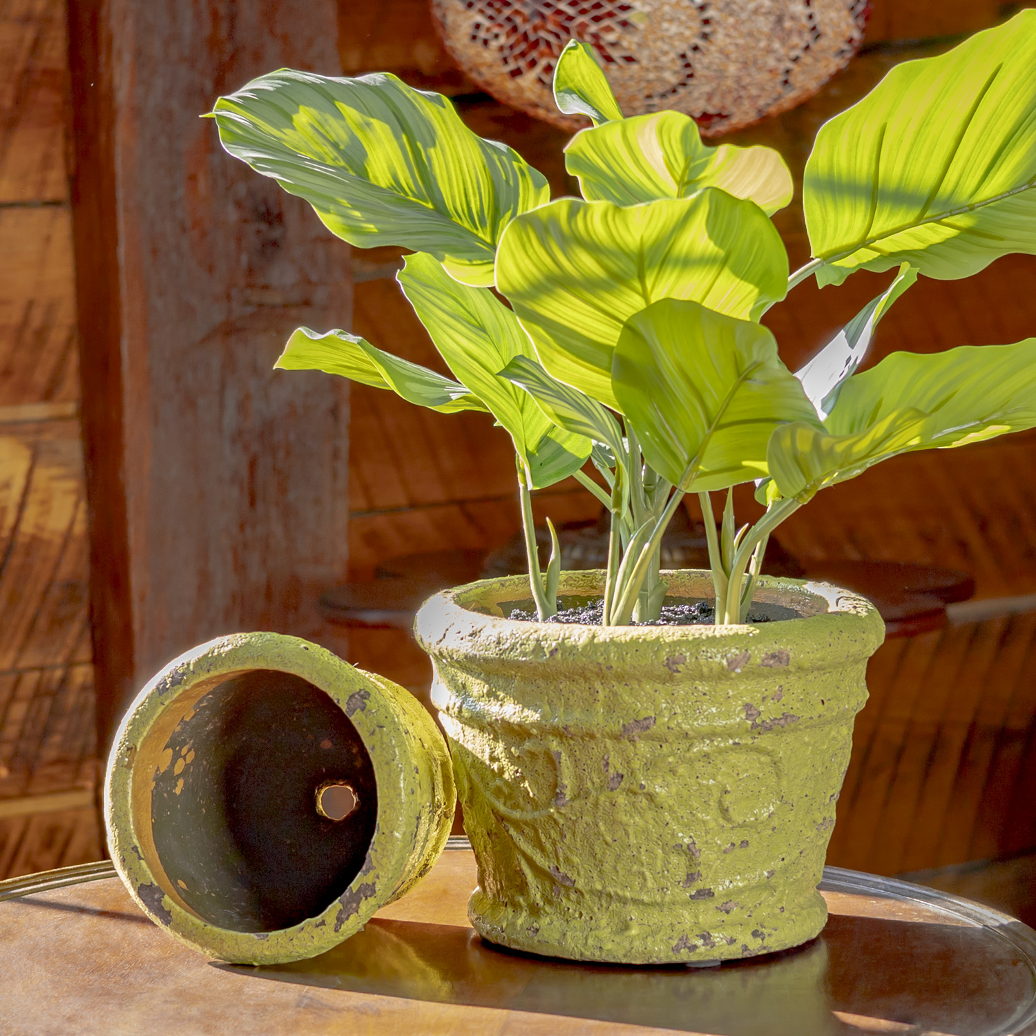 One set of lime green Tuscan round ceramic flower pot with plant inside large pot (plant not included)