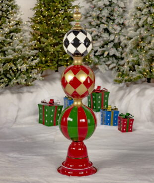 5.6 Feet tall iron Christmas Ornament Tower in red, green, white, black and gold