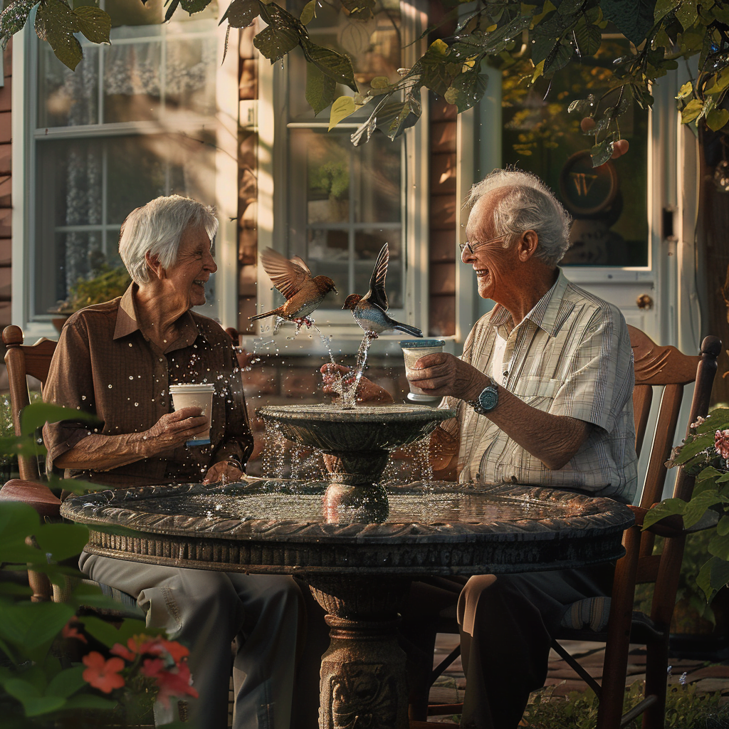 An older couple sipping coffee with nature Coffee and Birds