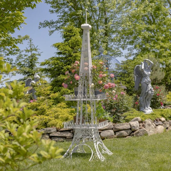 9ft. Tall Two-Tier Eiffel Tower-Inspired Iron Plant Stand in Antique White