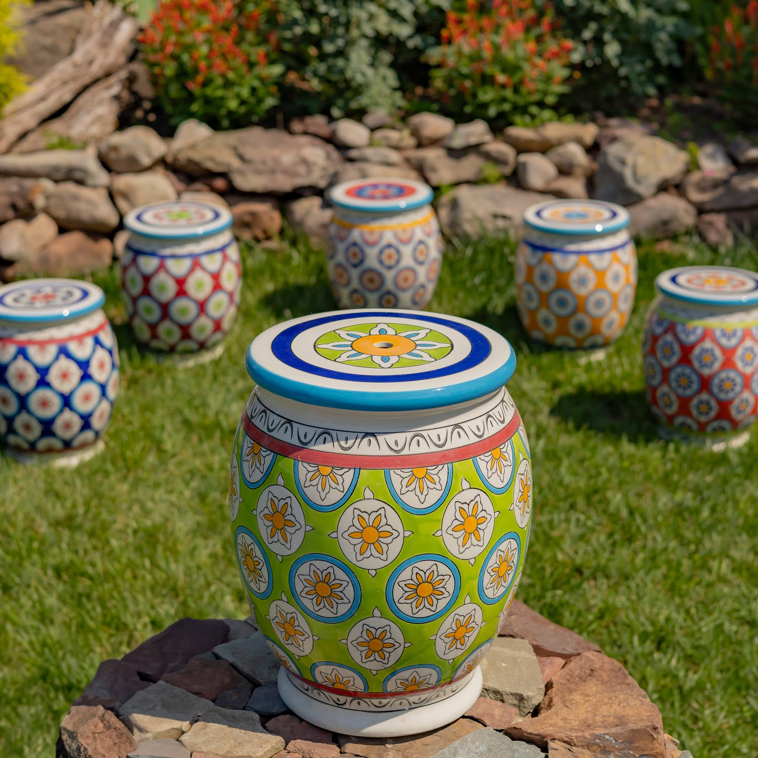 Ceramic Stoneware Stool in Green, Blue and Yellow Ceramic Stoneware Stool in Green, Blue and Yellow