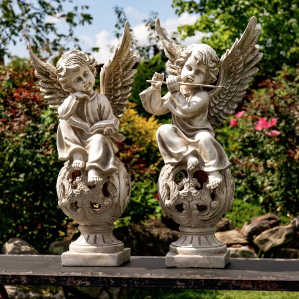 Set of Two 25" Tall Magnesium Cherubs Reading and Playing the Flute on Ornate Pedestals "Uriel & Sandalphon"