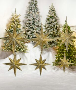 set of 6 three-dimensional North Star hanging iron decorations in assorted sizes painted in gold