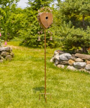 66 inch tall heart-shaped iron birdhouse garden stake decorated with bird and leaf sculptures and lily-shaped bells