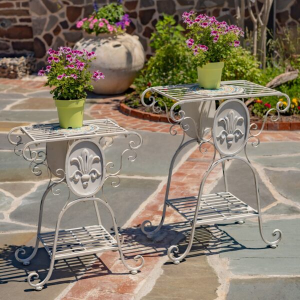 Atlantis Set of 2 Mosaic Metal Plant Stand Tables – Antique Bronze "Plato" & Antique White "Poseidon"