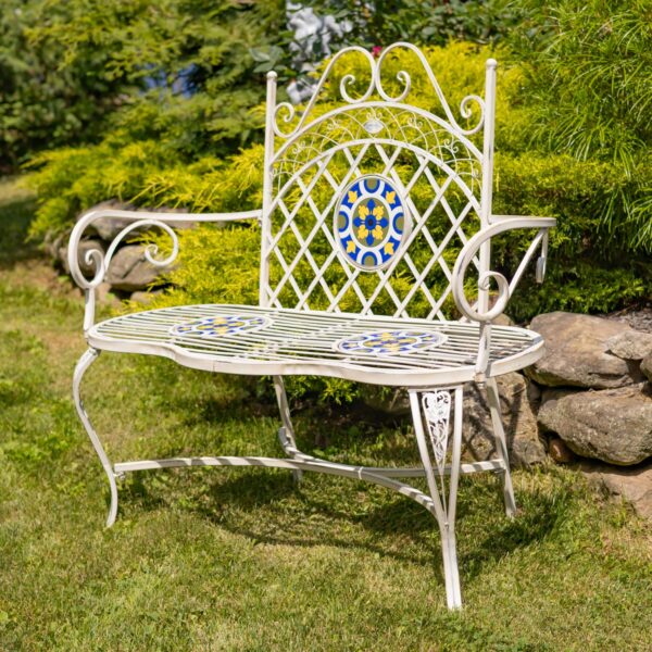 47.25" San Marino Metal Mosaic Garden Bench – Antique White "Turin," Antique Bronze "Dolomites" & Mossy Blue "Sardinia"