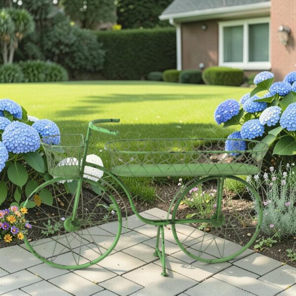 49.25" Long Metal Bicycle Planter with Two Flower Baskets in Green
