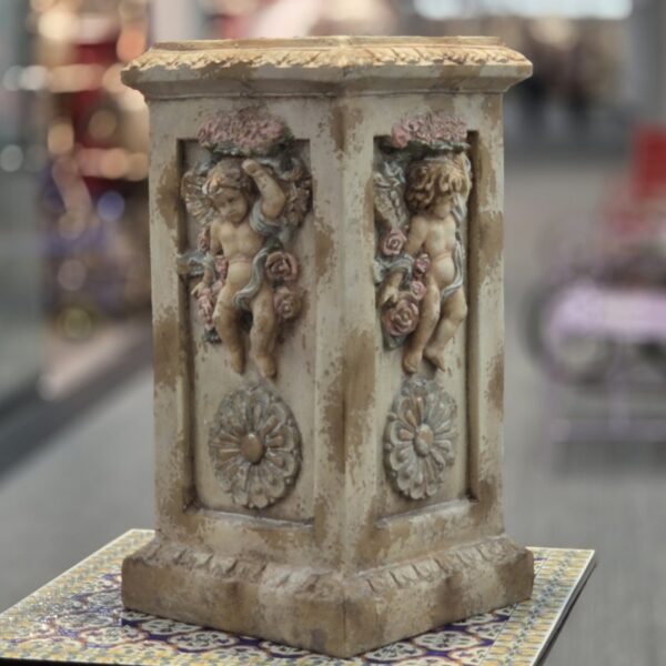 25" Tall Classical Style Pedestal Stand with Cherub & Flowers